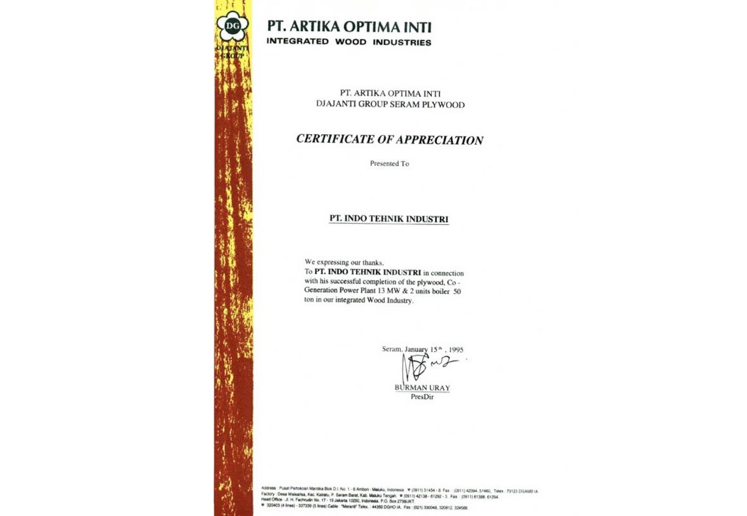PT.Artika Optima Inti Appreciation Award Certificate For Plywood Co-Generation Power Plant 13 MW Project