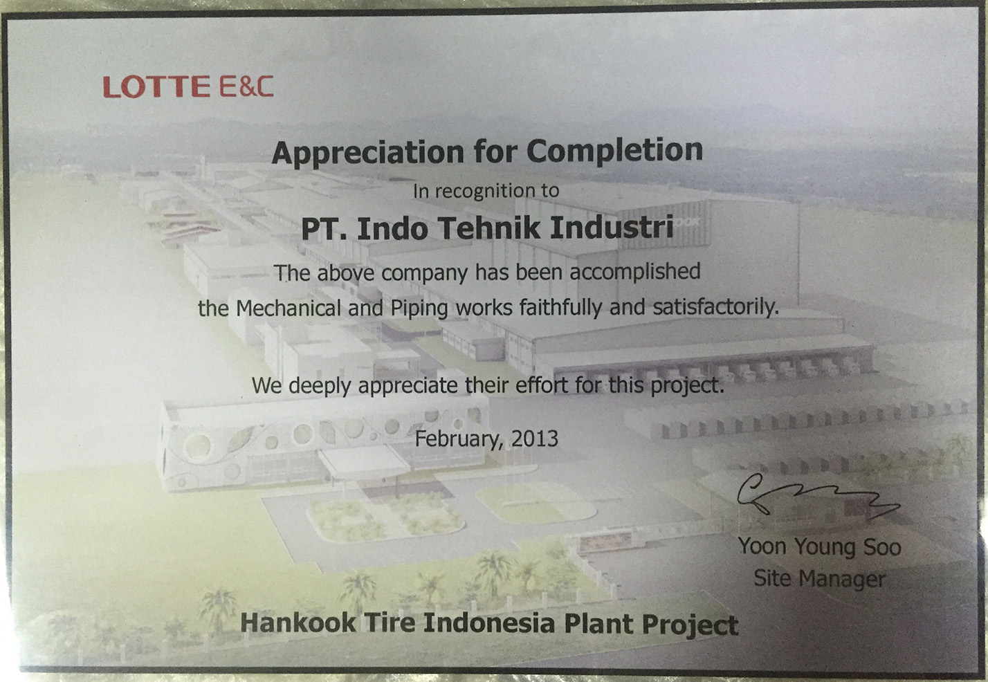 Lotte E & C Appreciation Award Placard For Hankook Tire Indonesia Plant Project