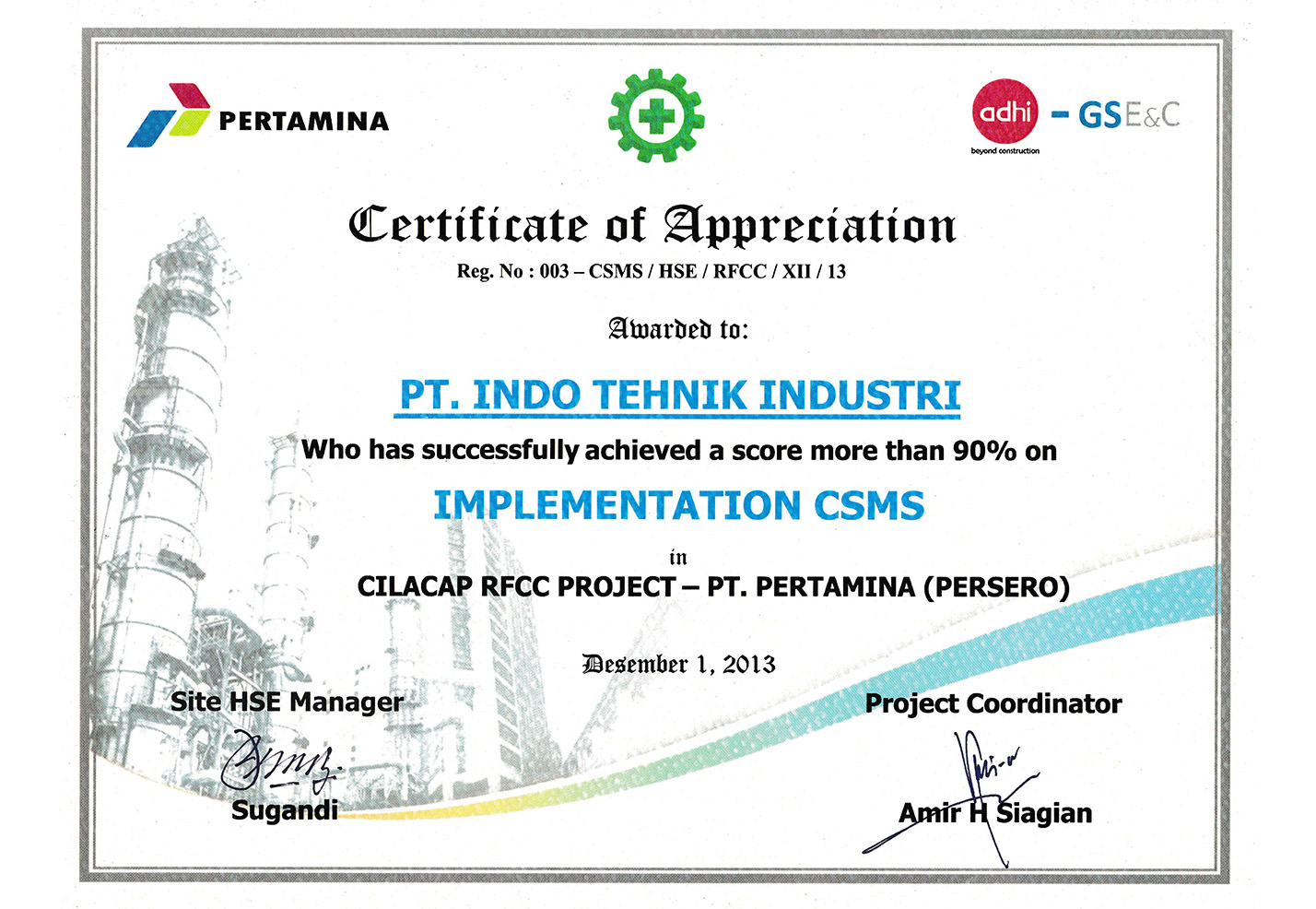 PT.Pertamina Appreciation Award Certificate For Cilacap RFCC Project