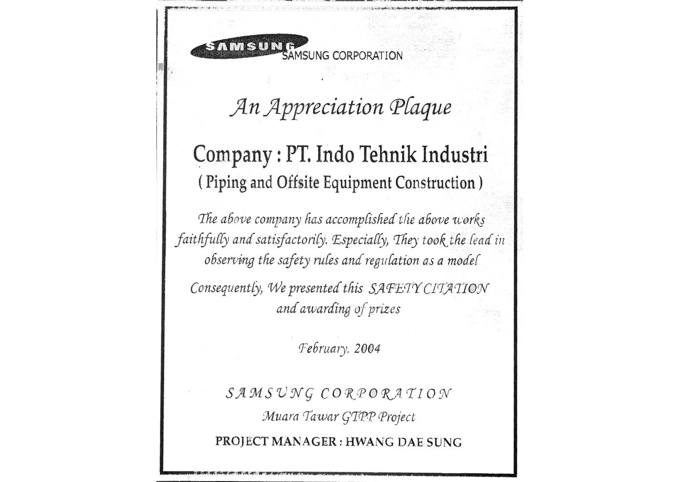 Samsung Eng. & Const. Co., Ltd. Appreciation Award Certificate For Muara Tawar DTPP Project