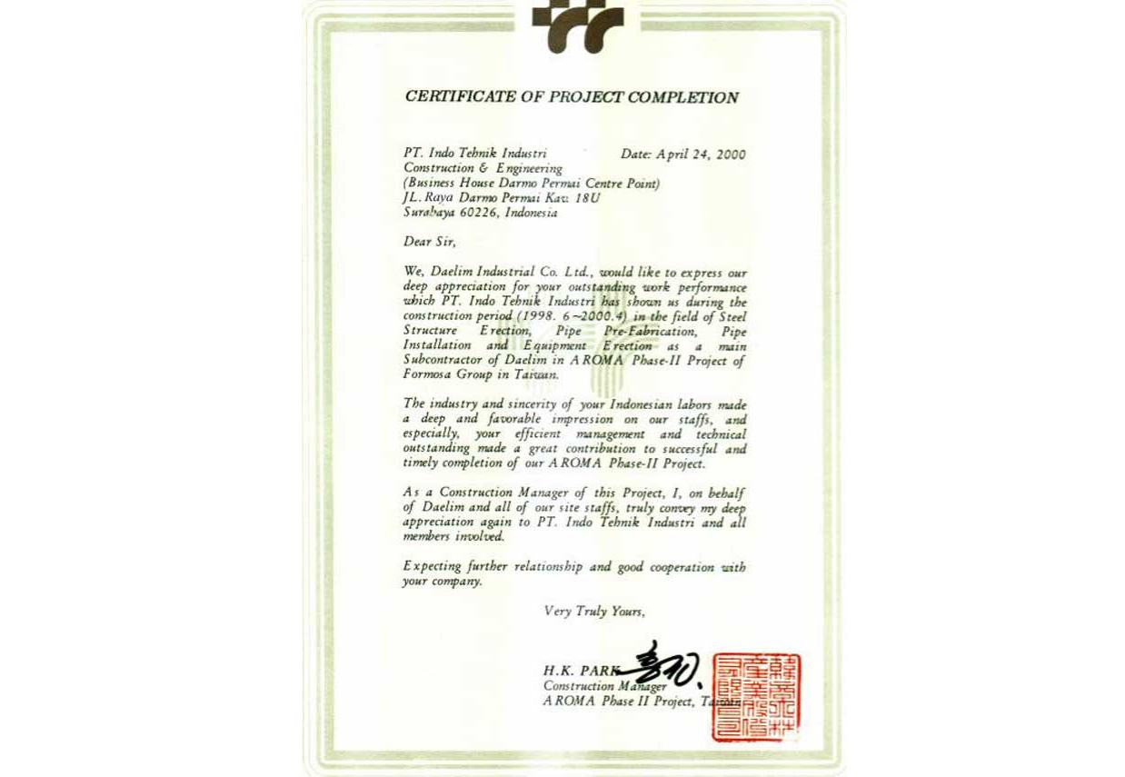 Daelim Industrial Co., Ltd. Appreciation Award Certificate For FCFC Aroma II, Project, Taiwan